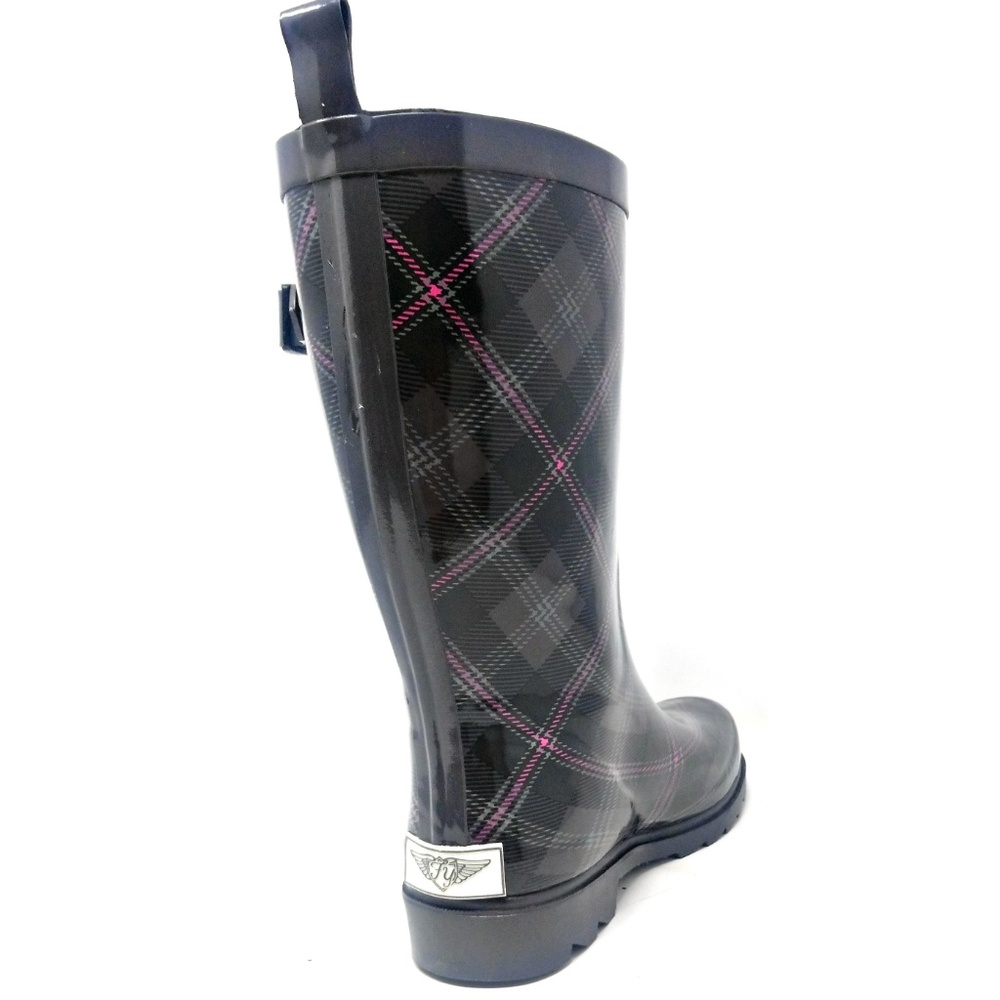 Women Rain Boots, 11" Mid-Calf Rubber Plaid Cute Rainboots Wellies, NEW - Picture 3 of 5